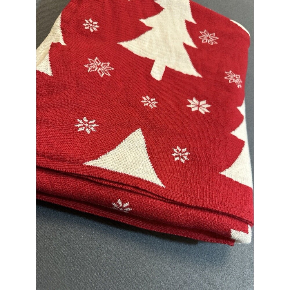 Reversible Christmas Tree Snowflake Cotton Knit Throw Blanket Red Ivory 66x60